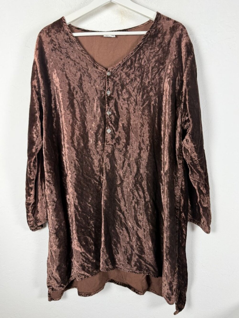 CP Shades Womens Brown Crushed Velvet Henley Top Tunic Blouse Large 3/4 Sleeve